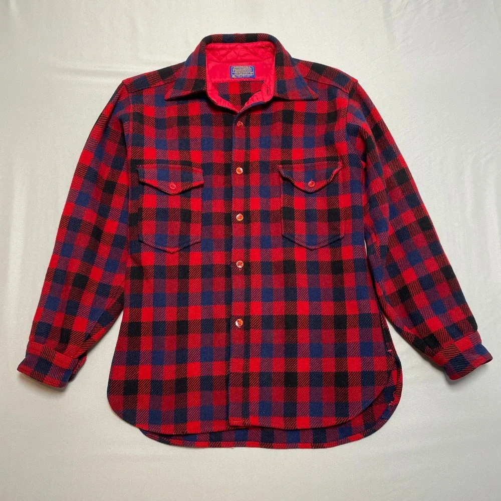 Vtg 70s Pendleton Wool Shirt L‎ Red Navy Buffalo Plaid Lumberjack Trail USA
